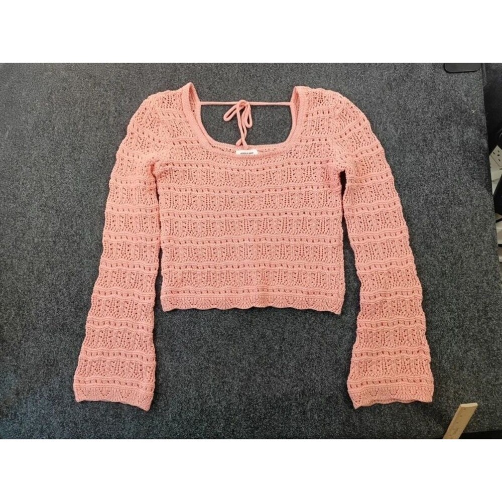 Stitch & Pine Womens L Pink Open Knit Crop Sweater Tie Neck Long Sleeve